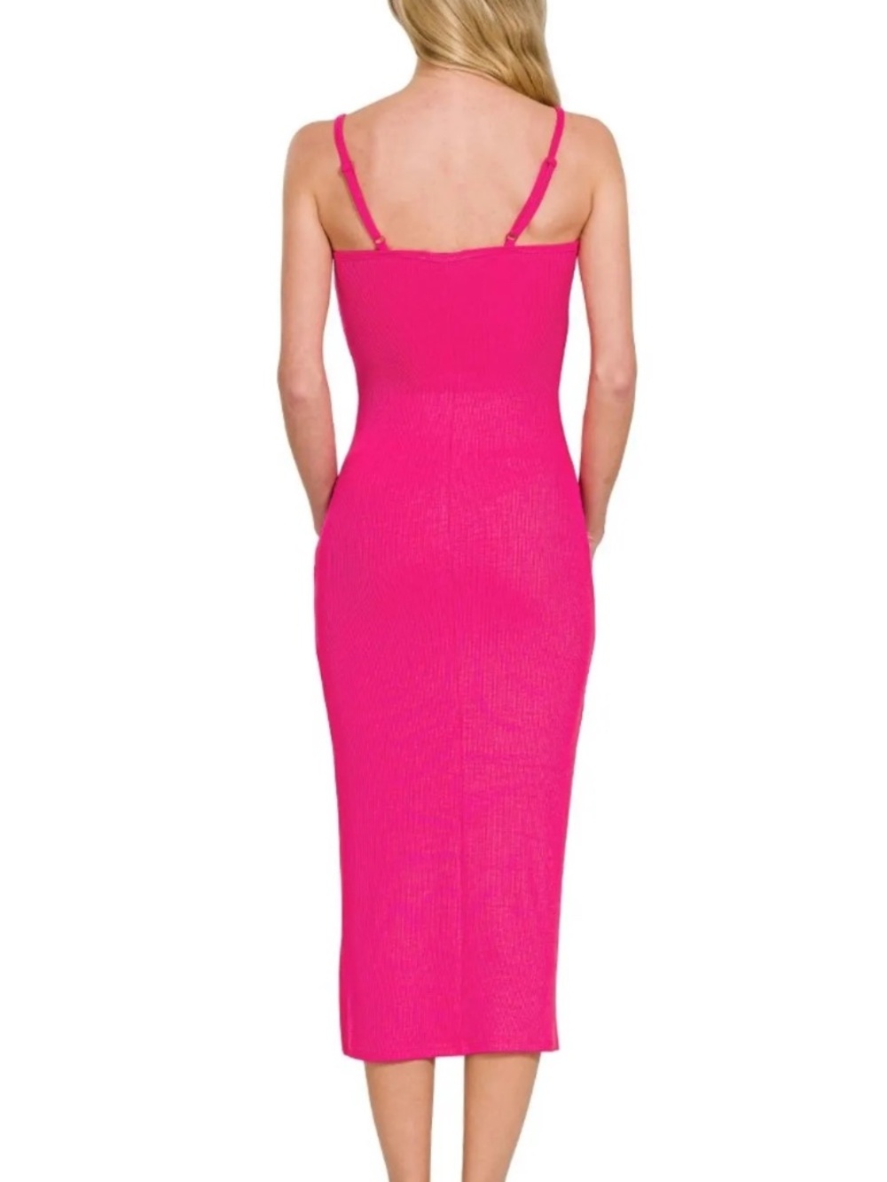 New Zenana Ribbed Bodycon Midi Long Dress Hot Pink Form Fitting Stretchy - Picture 2 of 9